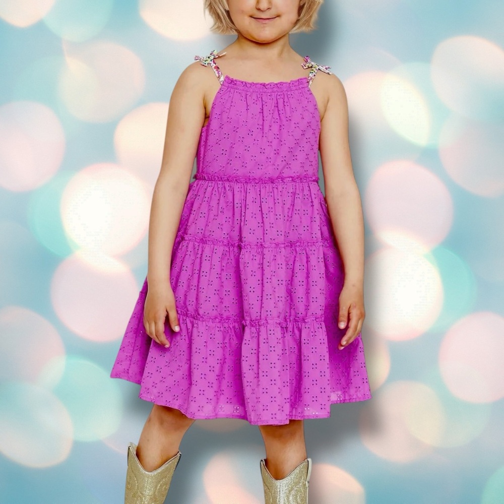 Toddler Girl’s Pink Purple Sleeveless Summer Ruffle Eyelet Dress Size 4T
